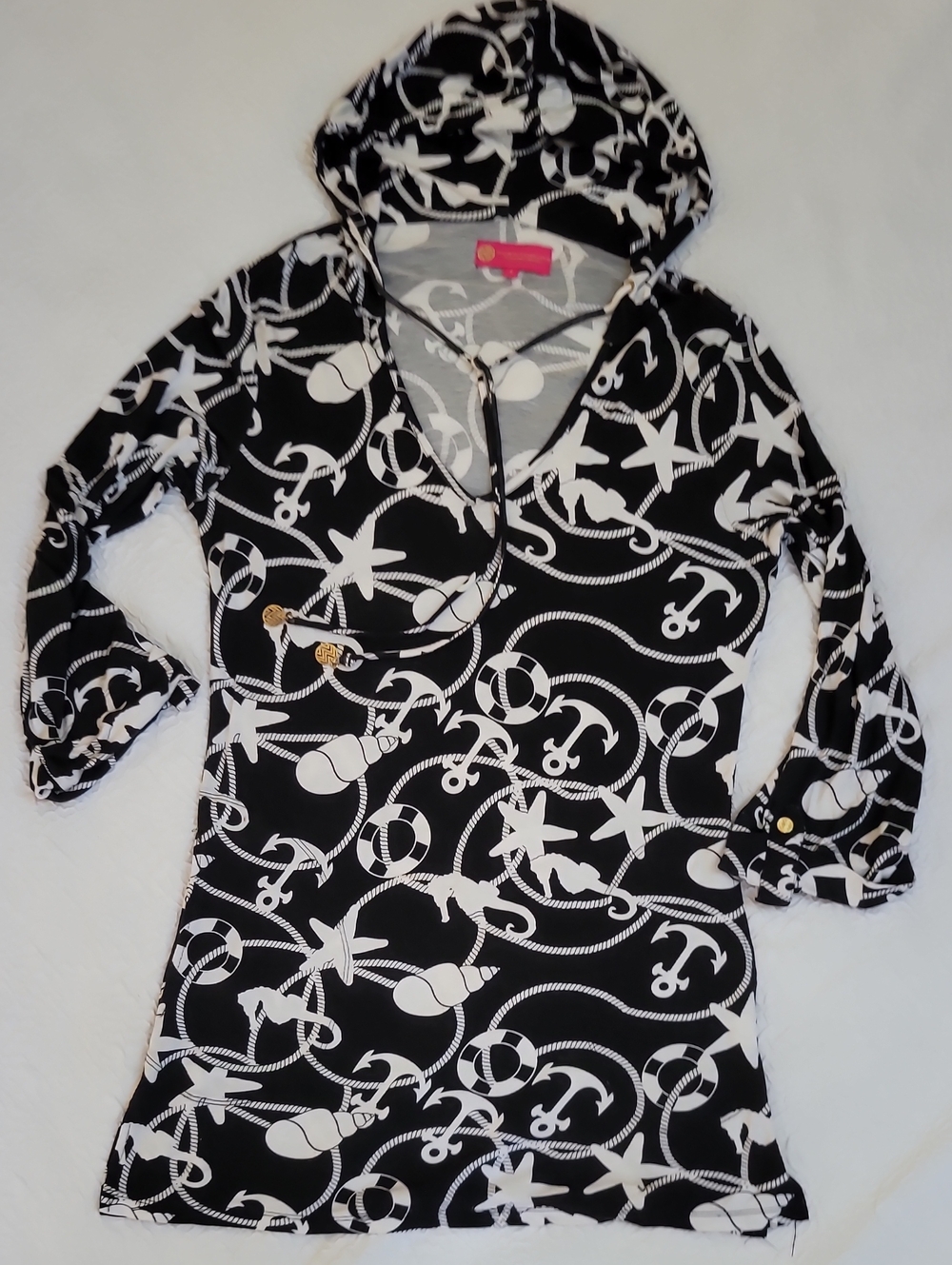 Macbeth Collection Maritime Pattern Black & White Hooded Beach Cover Up, S